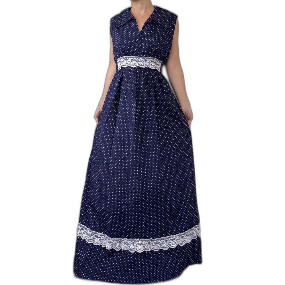 70s Maxi Dress Blue Polka Dot Vintage M L Long Sleeveless